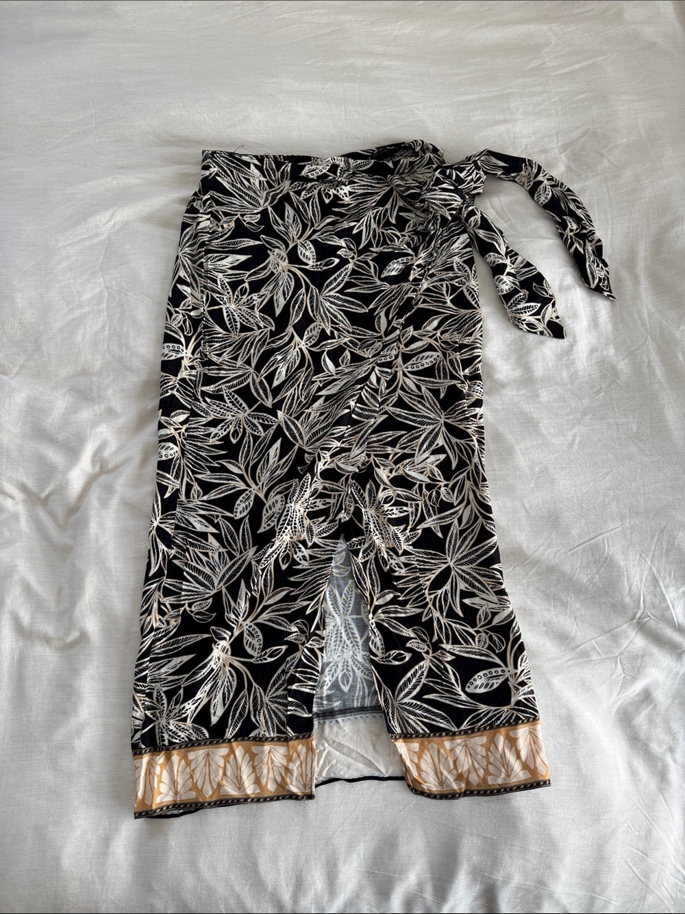 Zara Black, Cream & Tan Botanical Print Wrap Skirt